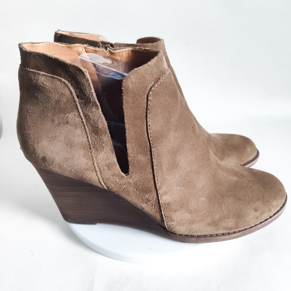 Lucky Brand Ankle Boots Womens 9 Boho Camel Tan Suede Cut Out Leather Wedge